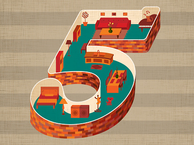 Illustration for a 5-year award winning home builder 5 bed beige brick cat couch dining dog drawing five furniture home house illustration lamp laundry number orange piano red sink stripes teal texture turquoise tv typography
