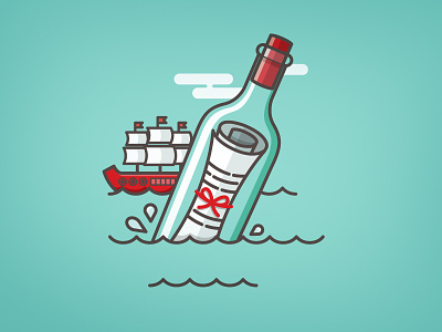 Message in a Bottle boat bottle cloud flat illustration line message ocean paper red simple turquoise