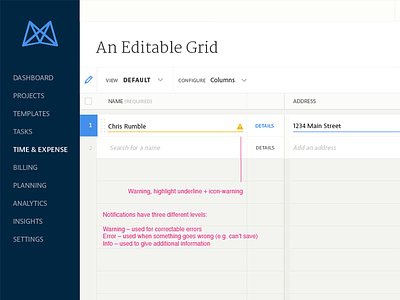 Editable Grid Notifications annotations editable input grid input table ui patterns ux patterns