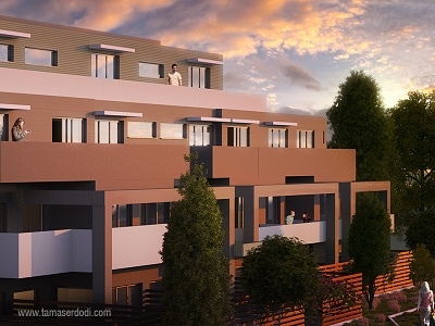 Aries Apartments 3d apartments architecture aries blue cgi cutout exterior interior laubwerk lights night orange people pink sky sunset trees