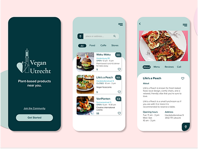 VeganUtrecht - The First Shots app design designs food homescreen logo mobile mobile app product design screens splashscreen ui vegan