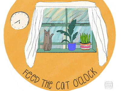 Feed the cat o'clock cat character drawing editorial hand lettering handlettering home illustration kids kitten kitty lettering spot illustration texture window