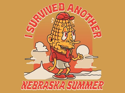 I Survived Another Nebraska Summer T-Shirt Design cartoon cartoon character corn corn character corny crumby crumby creative illustration mascot nebraska screen print summer survive survived t shirt t shirt design vector vector art