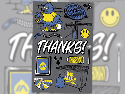 Ink Alley Thank You Card alley apparel brick drops dumpster electricity embroidery illustration ink alley needle pigeon power lines screen print thank you thank you card thanks trash utility vector zipper
