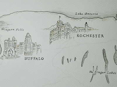 New York State Map Illustration Detail buffalo cartography detail finger lakes illustration lake ontario map new york niagara falls pen and ink rochester watercolor