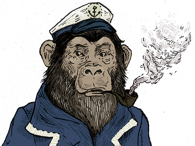 Detail: Chimpanzee Admiral admiral boat captain chimp chimpanzee digital illustration ink monkey nautical pipe ship