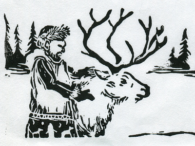 Reindeer Herder Blockprint (detail) blockprint drawing fine art illustration ink linocut printing printmaking