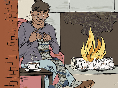 Editorial Illustration — Knitting Detail coloring cosy digital drawing fire fireplace illustration ink knitting photoshop tea woman