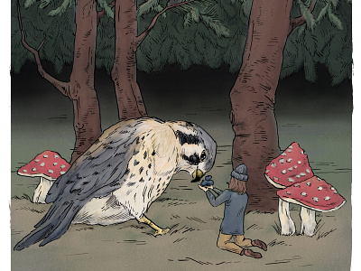 The Small Falcon... (detail) drawing elsabeskow fairytale falcon illustration kestrel kidlit mushrooms procreate storybook