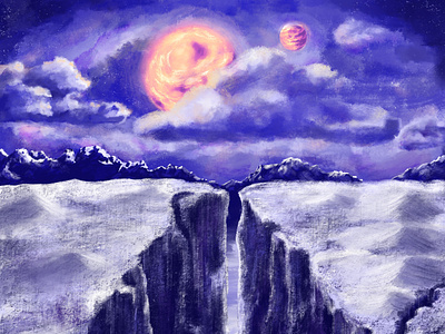 The Long Walk clouds concept art cool colors desert fantasy art gouache illustration mountains night oil painting painting planets scifiart valley