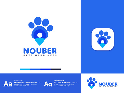 Nouber Pets logo design. abstract logo animal app brand identity branding cat connection cute design dog location logo love map modern logo network pet pets puppy shop