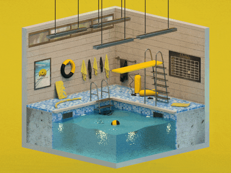 Isometric Room 2 // Swimming Pool ball c4d diving board float octane scuba swimming pool tube water waves