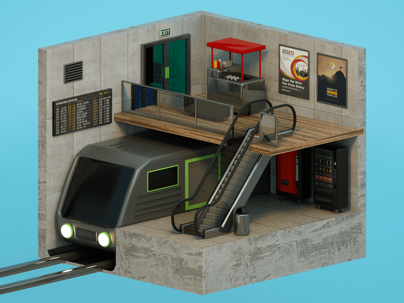 Isometric Room 4 // Train Station c4d escalator isometric octane. station subway train travel