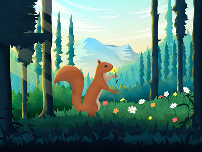 Sunshine in the forest blue sky clouds flowers forest grass mountains squirrel sunshine