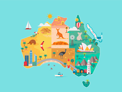 Australia animals attraction building city colorful kangaroo koala landmarks lighthouse ocean surfing sydney travel vector