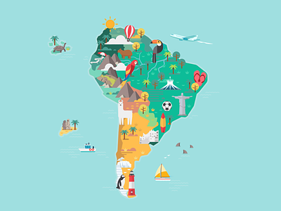 South America map animals brasil building city colorful exotic flat illustration skyline south america travel vector
