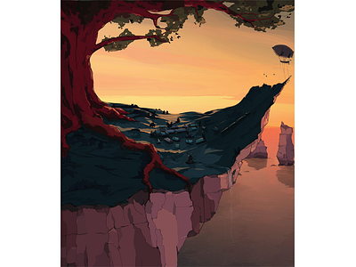 The big tree and the village airship bay fantasy landscape sea sky summer sunset tree vector village