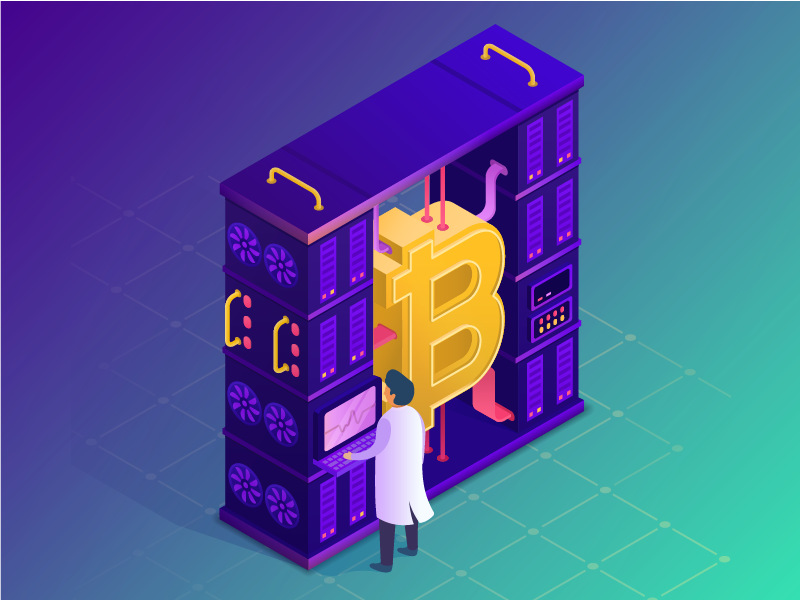 Bitcoin farm concept 3d bitcoin block chain cryptocurrency mining cryptomining ico isometric lab vector