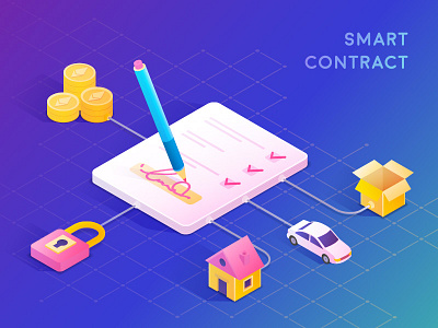 Smart contract block chain cryptocurrency ethereum isometric signature vector