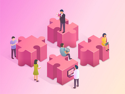Teamwork business gradient isometric meeting people puzzle startup support team vector