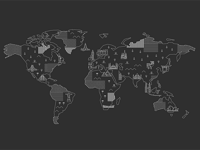 World map with famous landmarks attractions building continents europe landmarks lineart map vector world