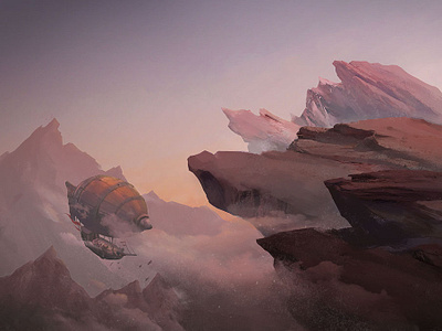 Dangerous way airship art cg cgart enviroment matte painting morning mountains rocks sunrise