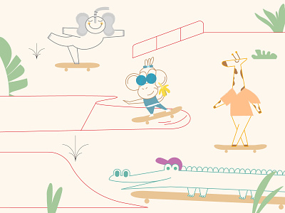 Jungle Animal Skateboard Scene alligator character elephant giraffe illustration kids monkey skateboard