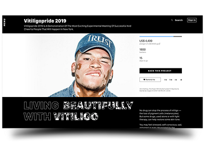 Daily UI Challenge #32 Crowdfunding Campaign 2019 challenge crowdfunding cta cta button dailyui design event figma pride reward screen selfcare simple speedyg0nzalesart user interface ux vitiligo web website
