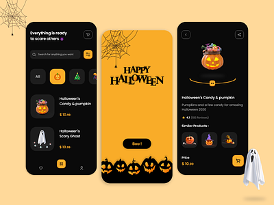 Halloween Store app application boo dark dark app darkui halloween halloween design halloween party pumpkin shop shopapp store ui ui design uidesign uiux