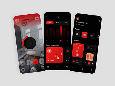 Smart Home Application - Dark Mode ❇ app application chart clean dark design energy glassmorphism gradient interface ios luxury smart smart ac smart app smarthome ui uidesign uiux