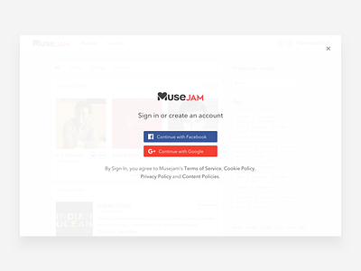 Musejam - Login artists design events facebook genre google login music ui ux