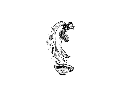 Earl Gray ChickenFish black and white chicken coffee cup fish illustration jump line art magic tea