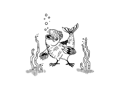 Got Worms But Not The Contagious Kind black and white chicken fish illustration ink line line art underwater weird