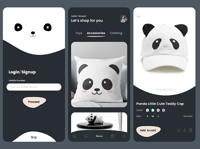 Panda product shop add to bag add to cart app button design ecommerce illustration login mobile app design panda shopping app ui ux