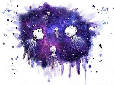 Jellyfish planets fine art galaxy illustration illustration art jellyfish painting traditional media watercolor watercolor art watercolor illustration