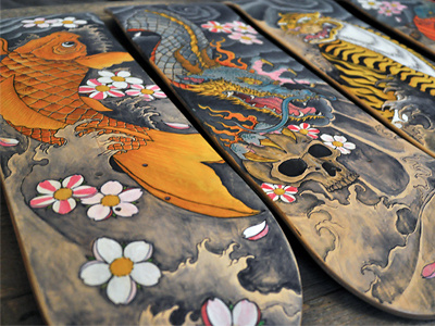 Custom Skateboards custom skateboards dragon hadpainted illustration japanese juan arias koi skateboard snake tattoo tiger