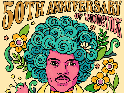 50th Anniversary Woodstock - Jimi Hendrix (iHeartRadio) 60s 70s afro floral groovy handlettering hippie illustration jimi hendrix portrait poster design psychedelic typography woodstock