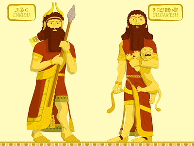 Flat illustration of Enkidu and Gilgamesh 2d antique artwork character cuneiform design illustration new vector
