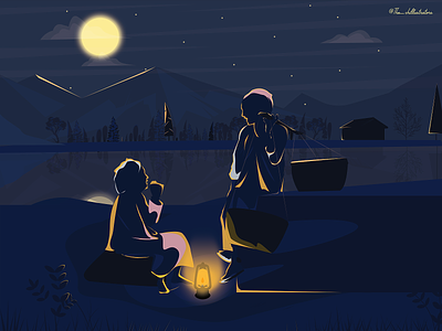 An Old Lady Friendship character illustration design happy illustration illustration landscape illustration lighting lighting effects night illustration the chillustrators village illustration