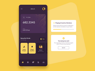 Pi Coin Home Screen app bitcoin blockchain cards clean coins crypto crypto wallet cryptocurrency dark finance ios minimal mobile pi coin purple social trading ui wallet