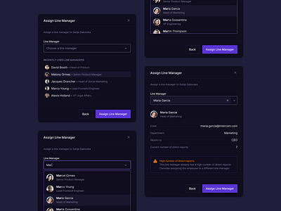 Assign Line Manager Modal app b2b clean crm dark dashboard design system hr input minimal modal popover saas ui ux web