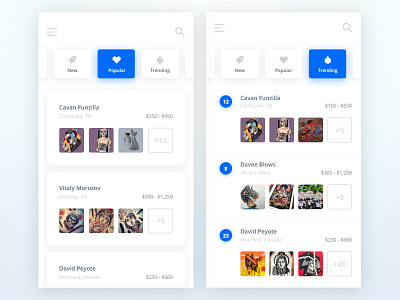 Tatto UI Kit: Artists app ios kit list material soft ui user white