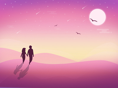 Qixi happy boy cloud color couple girl hill illustration lover moon pink ui