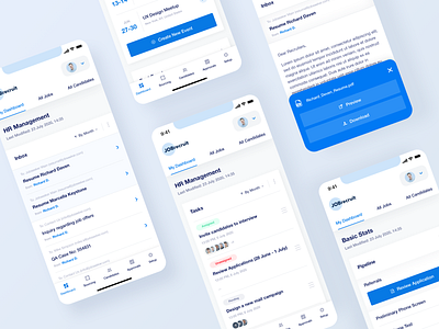 JOBrecruit - Responsive app application blue charts clean crm dashboard data flat graphs information management minimal mobile app modern recruitment tables ui ux user experience user interface