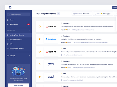 Appzi Widget Page Design blue clean dashboard design feedback filters flat list logos modern settings sidebar switches table ui user experience user interface ux web app