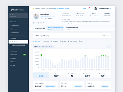 FirstPromoter - Promoter's page clean dashboard design flat graph insights marketing modern profile promoter settings table ui user experience user interface ux web app