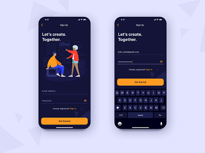 Sign Up Dark Mode UI app button dailyui dark darkmode form form field icons illustrations input ios keyboard mobile onboarding phone sign signup sketch ux visual