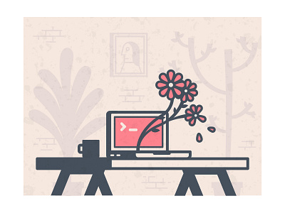 Desk desk flowers illustration interior macbook office old simple terminal vintage work working