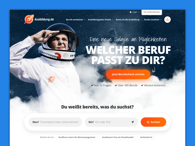 Ausbildung.de 3.0 astronaut ausbildung design home interface jobs search space ui webdesign website