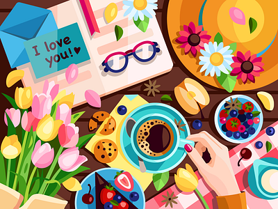 Book and coffee 2d art berry book breakfast cake coffee color color book flat flowers game art game illustration girl illustration spring still life tulips vector